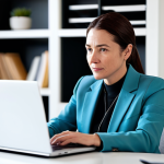 A professional businesswoman in her late 30s, dressed in a modest business suit, actively participating in a video conference call on her laptop. She is seated at a clean, modern desk in a well-lit home office, with a blurred background showing a minimalist bookcase and natural light. Her expression is focused and engaged, demonstrating active listening and thoughtful interaction. The image emphasizes authentic digital connection and collaboration.
