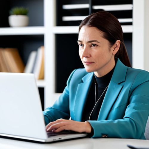 A professional businesswoman in her late 30s, dressed in a modest business suit, actively participating in a video conference call on her laptop. She is seated at a clean, modern desk in a well-lit home office, with a blurred background showing a minimalist bookcase and natural light. Her expression is focused and engaged, demonstrating active listening and thoughtful interaction. The image emphasizes authentic digital connection and collaboration.