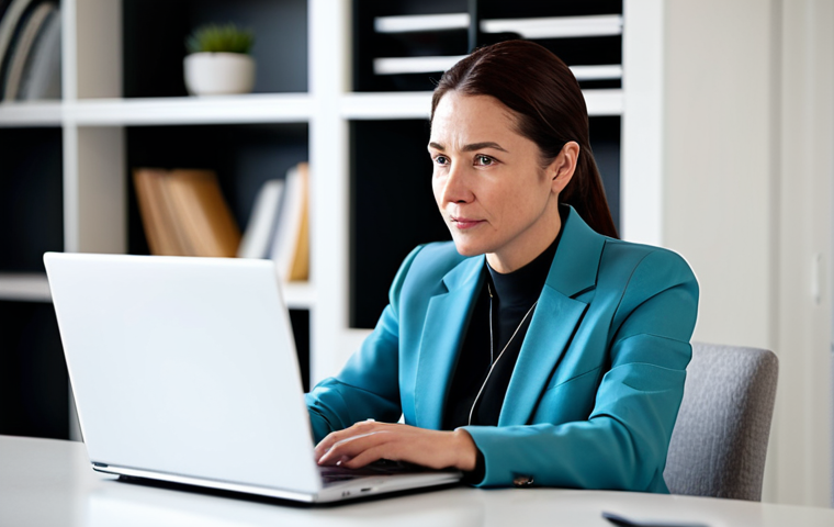 A professional businesswoman in her late 30s, dressed in a modest business suit, actively participating in a video conference call on her laptop. She is seated at a clean, modern desk in a well-lit home office, with a blurred background showing a minimalist bookcase and natural light. Her expression is focused and engaged, demonstrating active listening and thoughtful interaction. The image emphasizes authentic digital connection and collaboration.