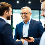 A diverse group of professional individuals in modest business attire, engaging in earnest conversation at a bright, modern networking event, with blurred background figures suggesting a lively atmosphere. One person is actively listening with a warm, open expression, while another gestures subtly, emphasizing a point. A third person thoughtfully takes notes on a tablet. The overall scene conveys genuine connection and professional exchange. High-quality professional photography, natural lighting, realistic rendering, perfect anatomy, correct proportions, natural pose, well-formed hands, proper finger count, natural body proportions, safe for work, appropriate content, fully clothed, appropriate attire, professional dress, family-friendly.