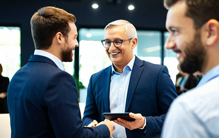 A diverse group of professional individuals in modest business attire, engaging in earnest conversation at a bright, modern networking event, with blurred background figures suggesting a lively atmosphere. One person is actively listening with a warm, open expression, while another gestures subtly, emphasizing a point. A third person thoughtfully takes notes on a tablet. The overall scene conveys genuine connection and professional exchange. High-quality professional photography, natural lighting, realistic rendering, perfect anatomy, correct proportions, natural pose, well-formed hands, proper finger count, natural body proportions, safe for work, appropriate content, fully clothed, appropriate attire, professional dress, family-friendly.