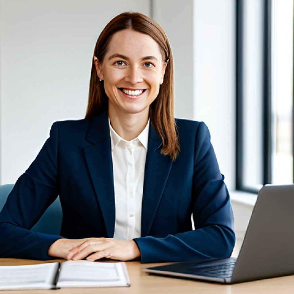 A professional woman, in her late 30s, dressed in a modest business suit with a blazer and blouse. She sits comfortably at a sleek, modern desk in a well-lit co-working space, her laptop open. She looks towards the viewer with a warm, genuine smile, conveying an authentic and approachable online presence. The background features subtle, blurred contemporary office architecture. fully clothed, appropriate attire, modest clothing, professional dress, safe for work, appropriate content, family-friendly, perfect anatomy, correct proportions, natural pose, well-formed hands, proper finger count, natural body proportions, professional photography, high quality.