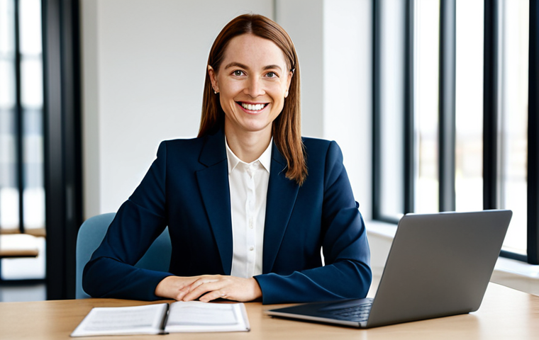 A professional woman, in her late 30s, dressed in a modest business suit with a blazer and blouse. She sits comfortably at a sleek, modern desk in a well-lit co-working space, her laptop open. She looks towards the viewer with a warm, genuine smile, conveying an authentic and approachable online presence. The background features subtle, blurred contemporary office architecture. fully clothed, appropriate attire, modest clothing, professional dress, safe for work, appropriate content, family-friendly, perfect anatomy, correct proportions, natural pose, well-formed hands, proper finger count, natural body proportions, professional photography, high quality.