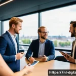 디지털 네트워킹의 목표와 계획 수립하기 - A professional networking event in Amsterdam, featuring diverse young entrepreneurs and business pro...