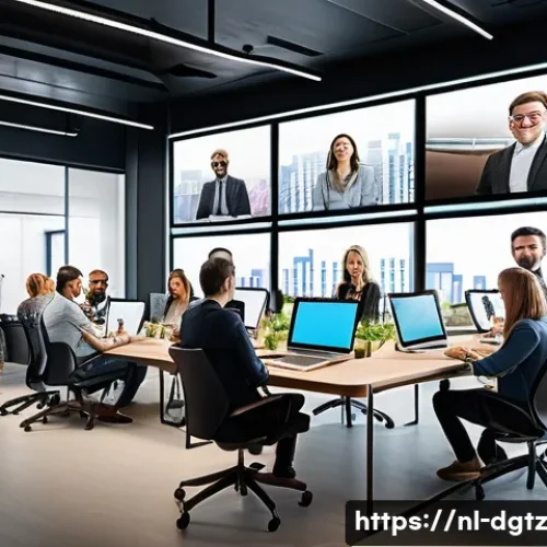 디지털 네트워킹을 통한 혁신적 아이디어 발굴 - A vibrant digital workspace scene depicting a diverse group of professionals participating in a virt...