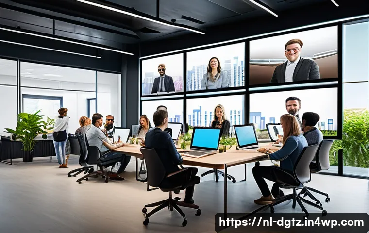 디지털 네트워킹을 통한 혁신적 아이디어 발굴 - A vibrant digital workspace scene depicting a diverse group of professionals participating in a virt...