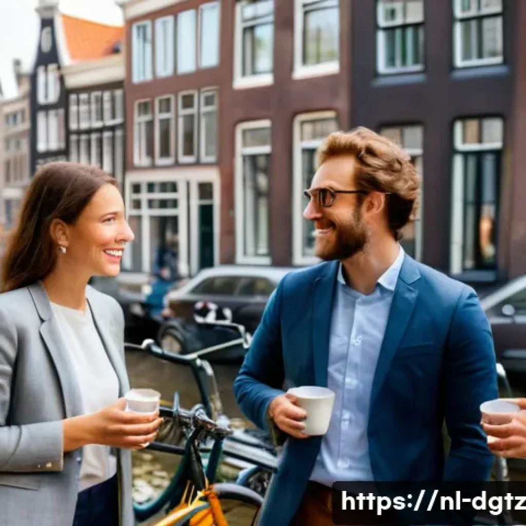전문가의 인사이트를 활용한 네트워킹 전략 - A professional networking event in Amsterdam with diverse Dutch businesspeople engaged in authentic ...