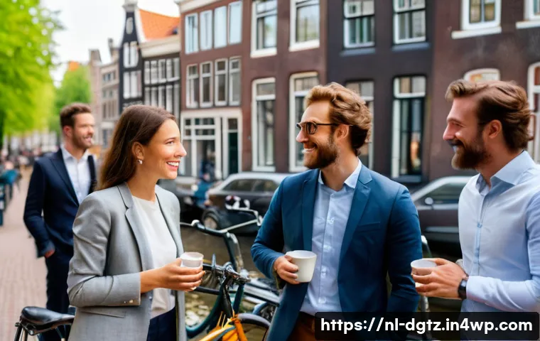 전문가의 인사이트를 활용한 네트워킹 전략 - A professional networking event in Amsterdam with diverse Dutch businesspeople engaged in authentic ...