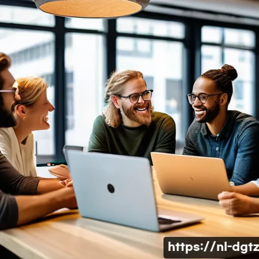 디지털 네트워킹을 통한 커뮤니티 형성 방법 - A diverse group of professionals in a modern Dutch coworking space, engaged in an authentic and live...