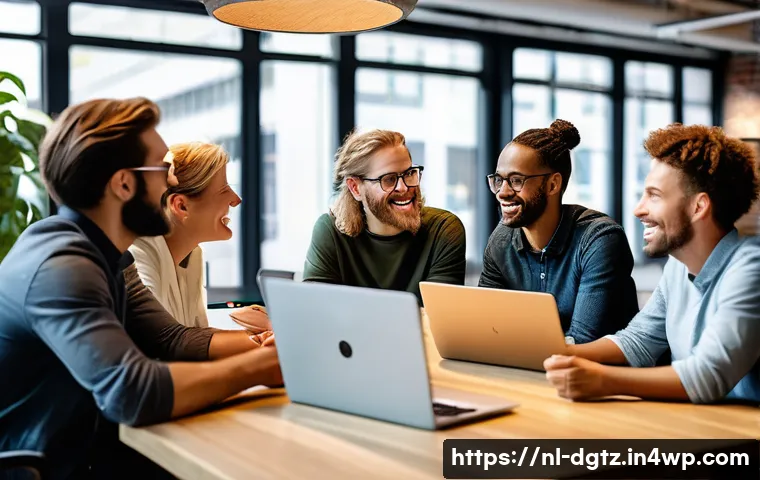 디지털 네트워킹을 통한 커뮤니티 형성 방법 - A diverse group of professionals in a modern Dutch coworking space, engaged in an authentic and live...