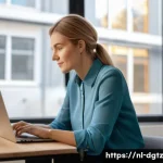 온라인 네트워킹의 중요성을 강조하기 - A professional Dutch woman in her early 30s, sitting comfortably in a modern home office with warm n...