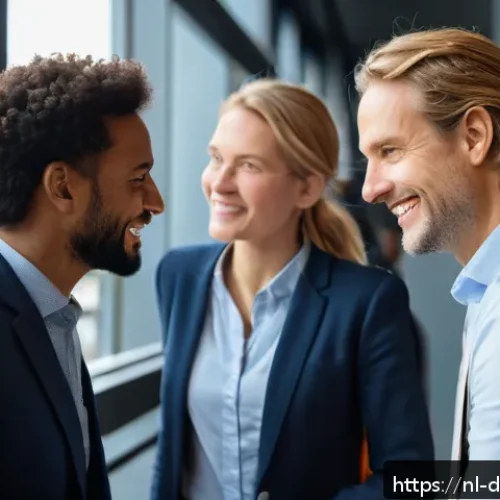 전문가에게 배우는 네트워킹 기술 - A professional networking event in Amsterdam with diverse adults engaging in genuine conversation; f...