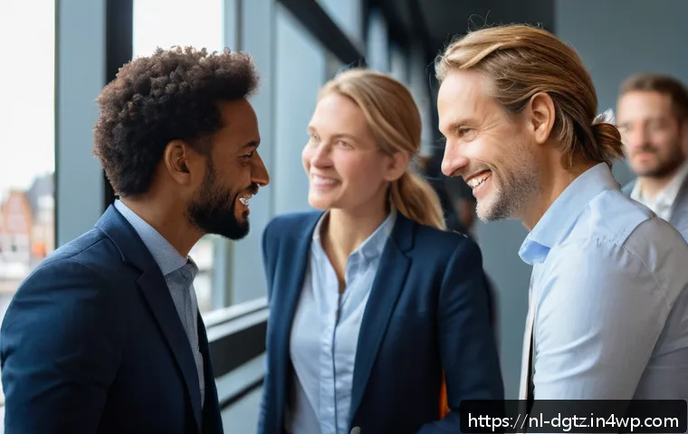 전문가에게 배우는 네트워킹 기술 - A professional networking event in Amsterdam with diverse adults engaging in genuine conversation; f...