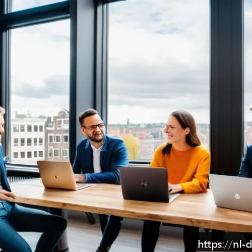 온라인 네트워킹의 기회를 극대화하는 방법 - A professional networking scene set in a modern Dutch co-working space, featuring diverse business p...