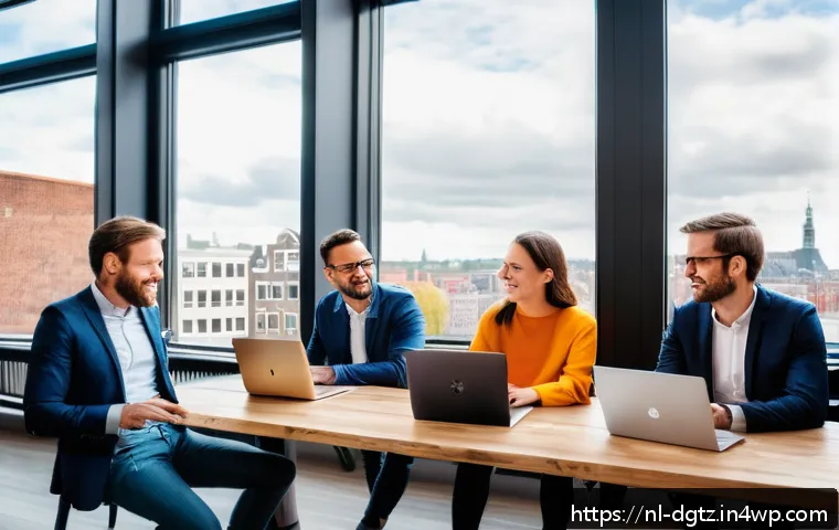 온라인 네트워킹의 기회를 극대화하는 방법 - A professional networking scene set in a modern Dutch co-working space, featuring diverse business p...