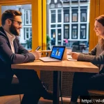 디지털 네트워킹을 위한 플랫폼의 다양성 - A cozy and intimate digital networking event scene set in Amsterdam, featuring a diverse group of pr...