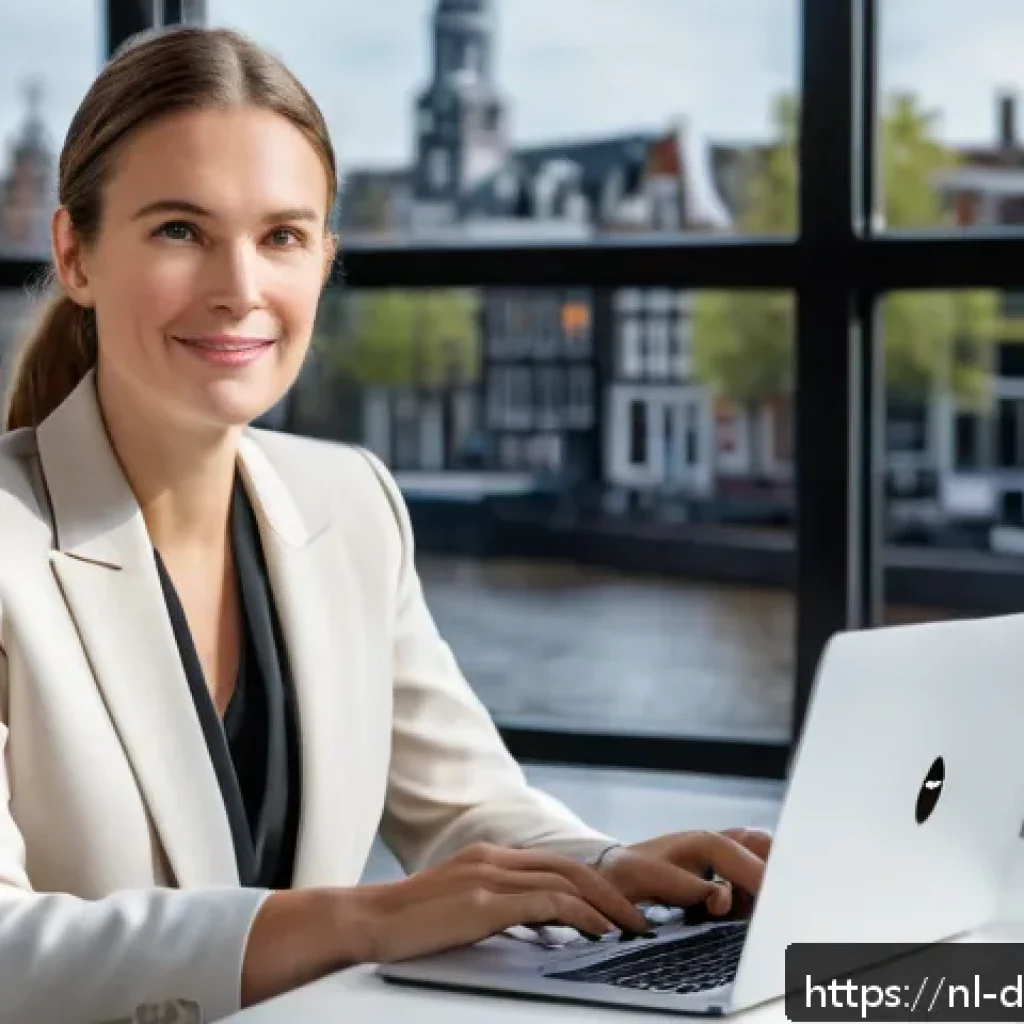 온라인 네트워킹의 기초 시작하기 - A professional Dutch businesswoman in a modern office environment, sitting confidently at a sleek de...