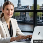 Home 18 온라인 네트워킹의 기초 시작하기 - A professional Dutch businesswoman in a modern office environment, sitting confidently at a sleek de...