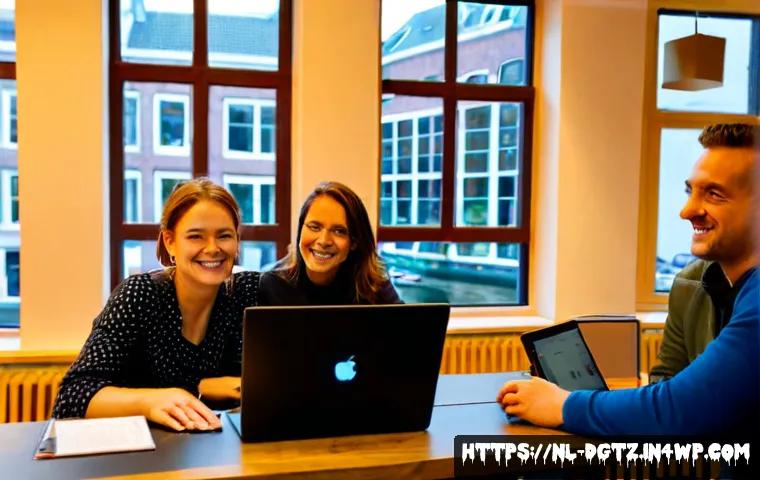 Home 17 디지털 네트워킹의 이점 및 활용 방안 - Photorealistic modern Dutch coworking space in Amsterdam, a diverse group of adult professionals col...